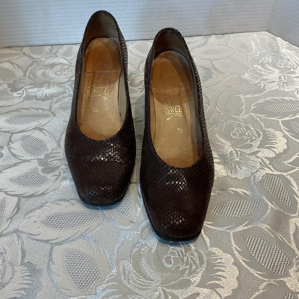 By Sweet Pumps Womens 38 Brown Good Snakeskin Embossed Block Heel Made in France